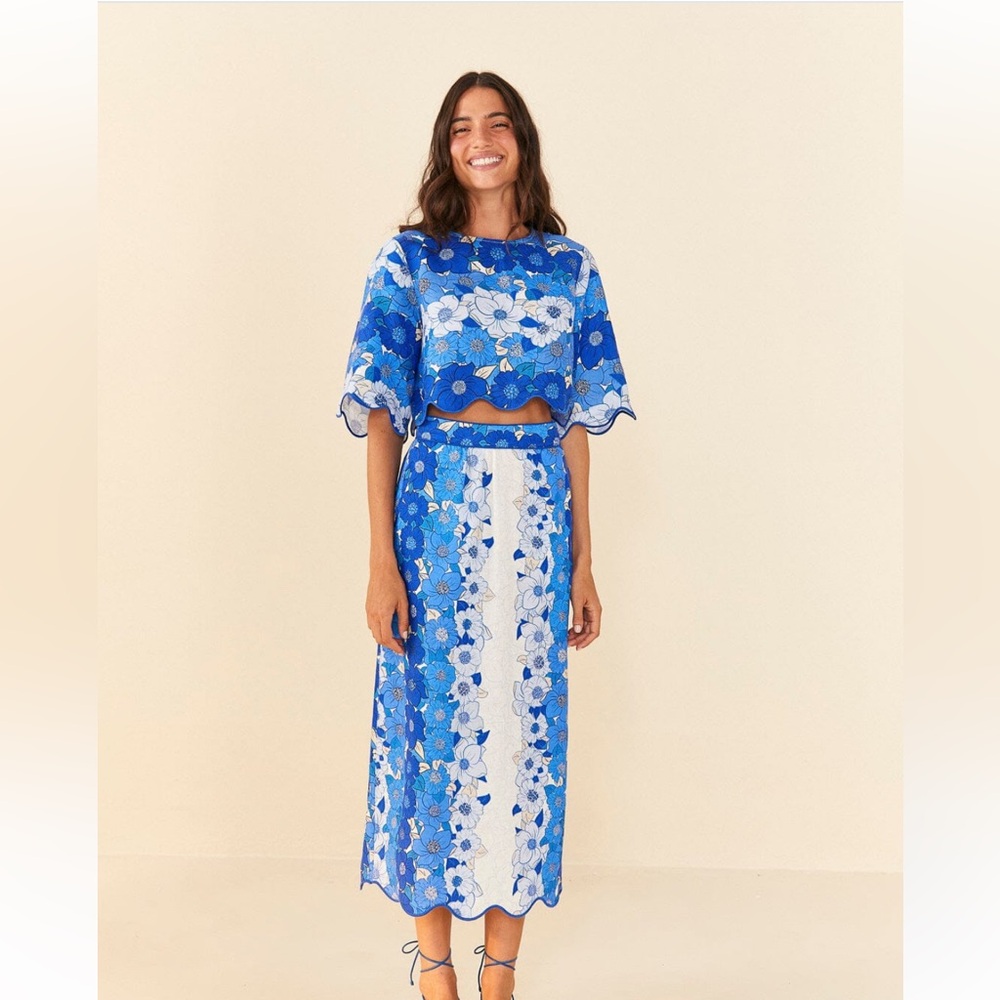 Farm Rio Blue Flower Stripes Top and Midi Skirt